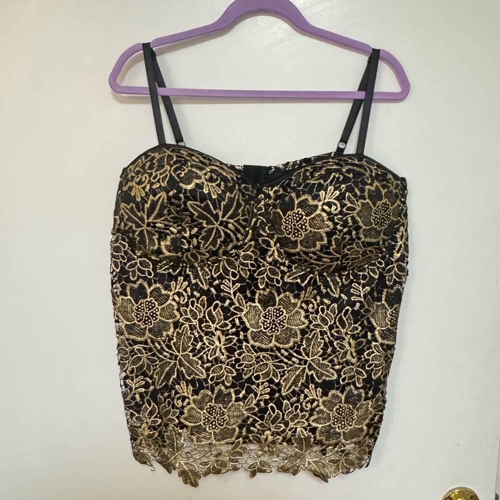 Torrid Black Camisole with Gold Floral Lace
